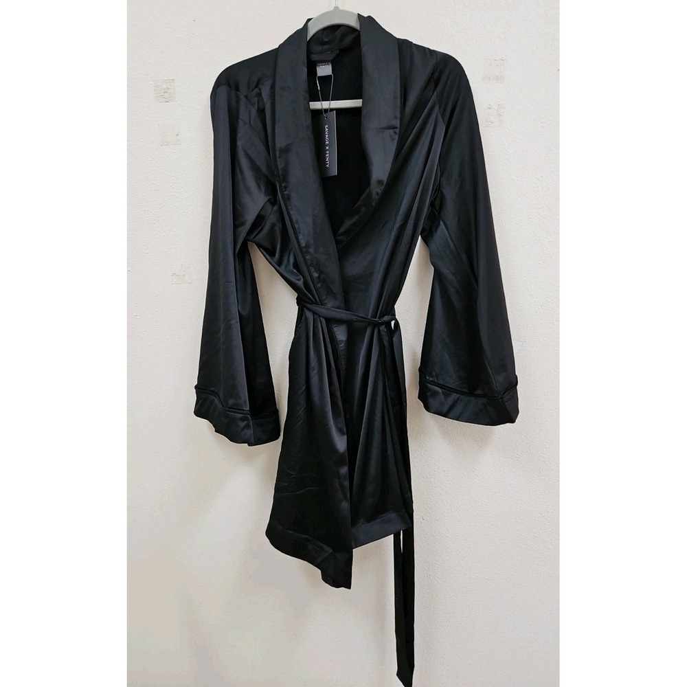 Savage X Fenty Black Silky Tie Robe Pockets Women's Size Xl New with Tags